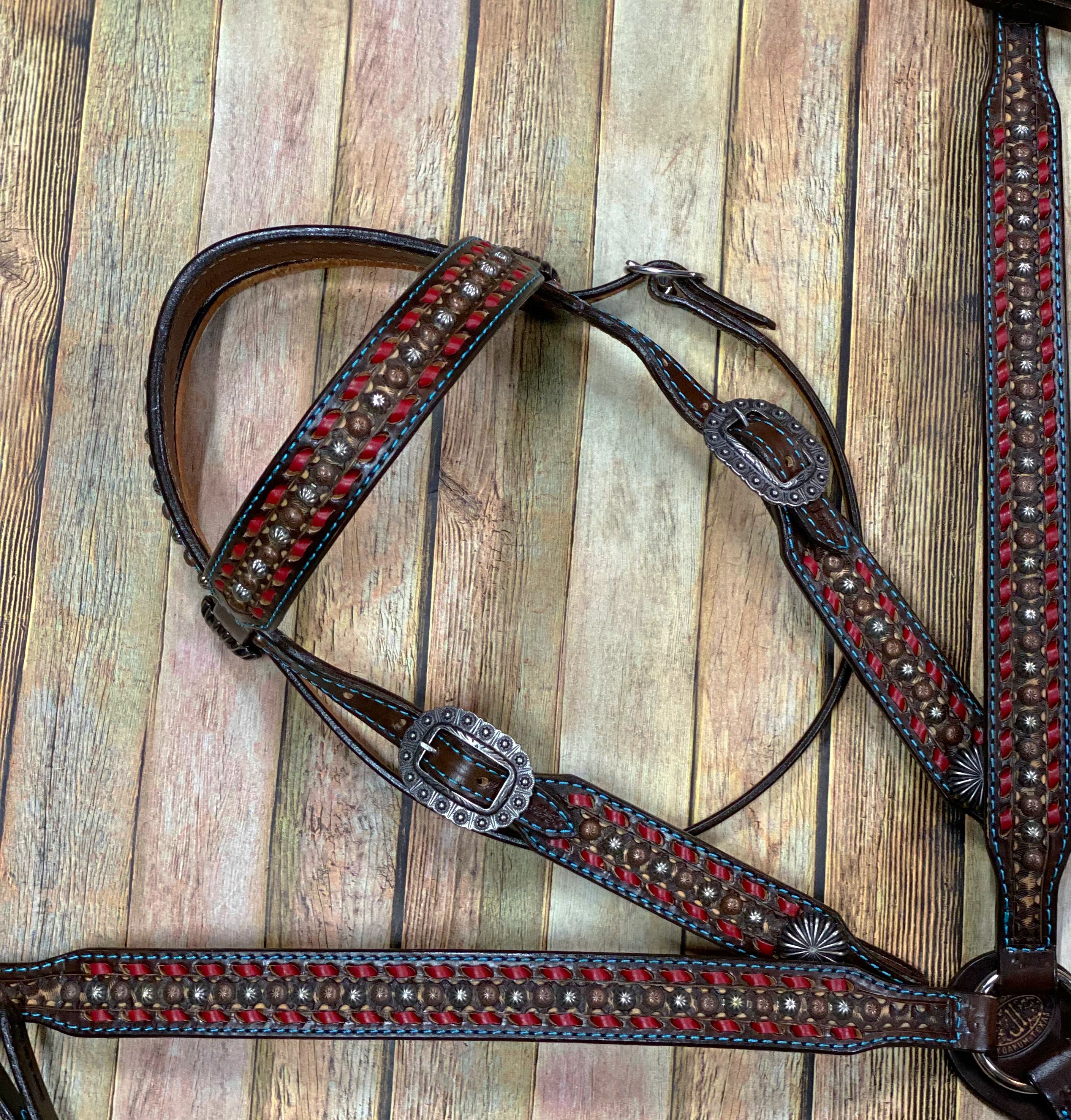 Western Brown Leather Bling Tack Set With White & Red Buckstitch
