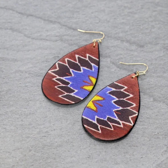 Aztec Printed Teardrop Leather Dangle Earrings