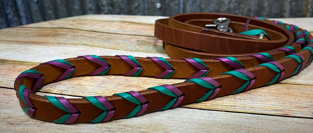 Leather Barrel Reins with Turquoise and Purple