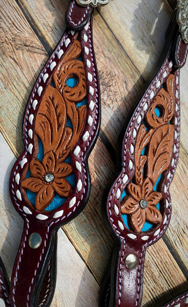 Floral Tooled Tack Set with Teal Inlay