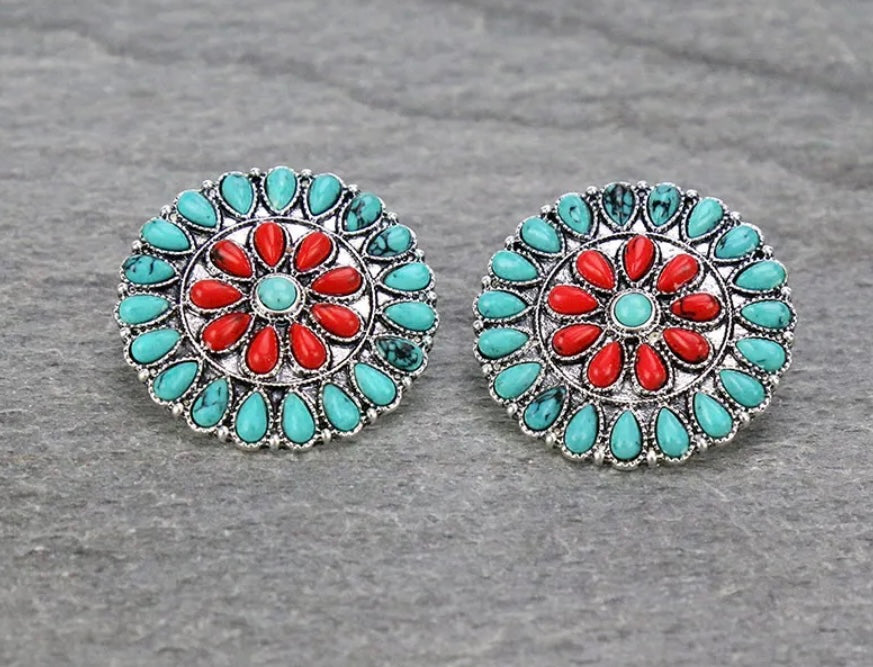 Turquoise and Red Concho Earrings