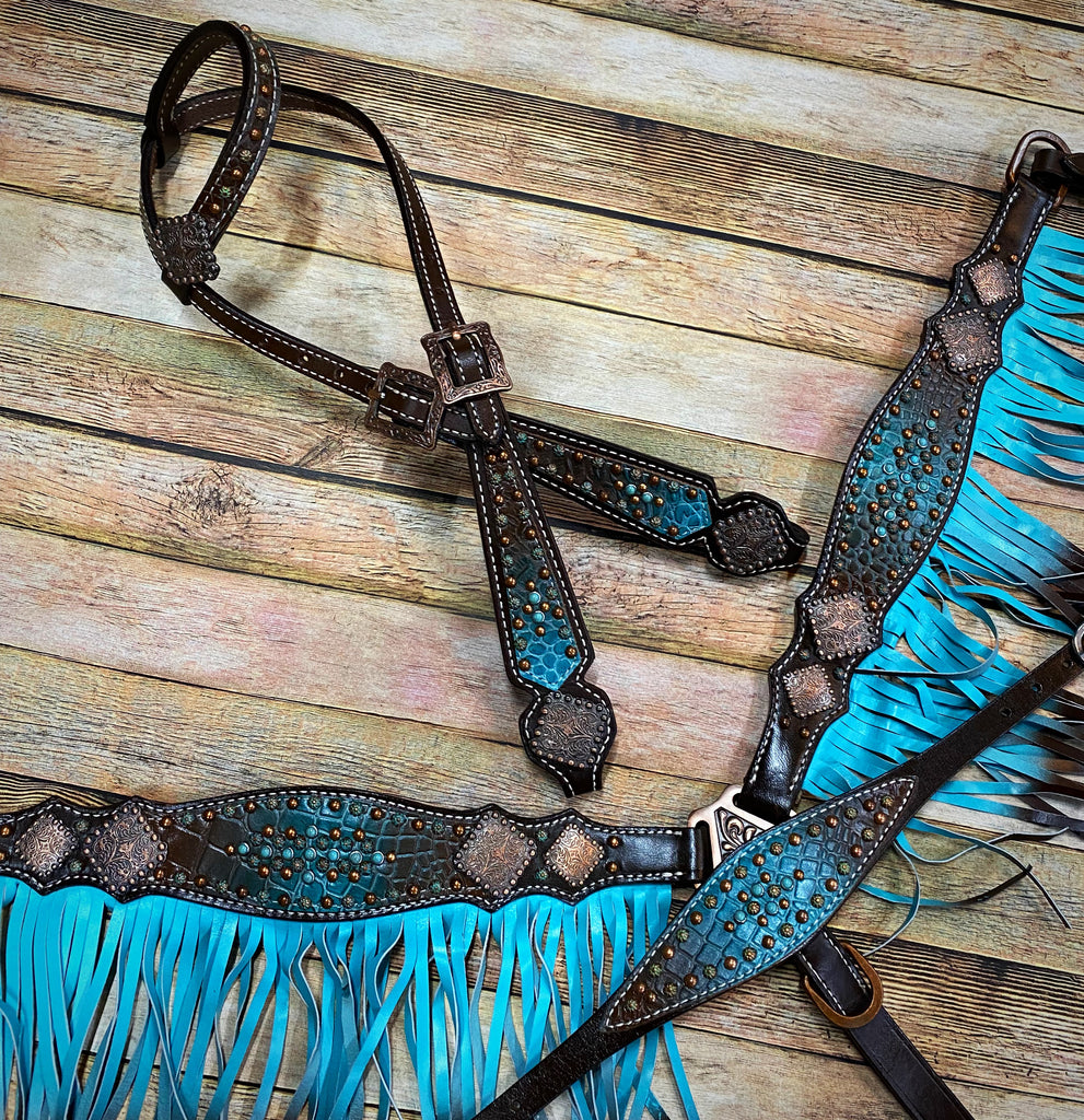 Brown Gator with Turquoise Fringe Tack Set