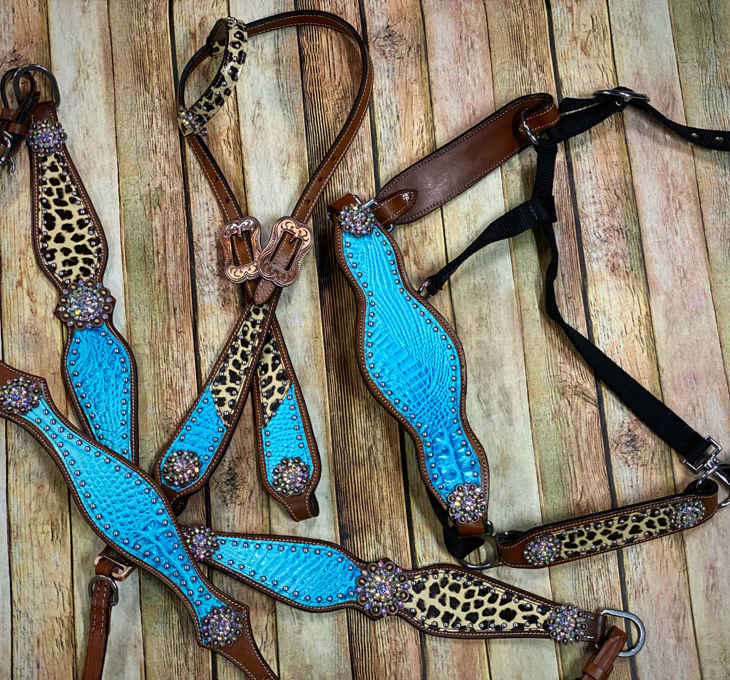Complete Turquoise and Cheetah Tack Set