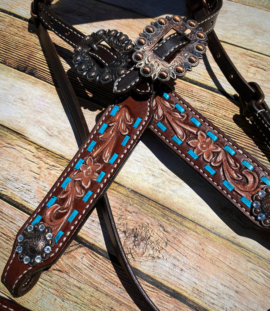 Tooled with Turquoise Buckstitch Tack Set