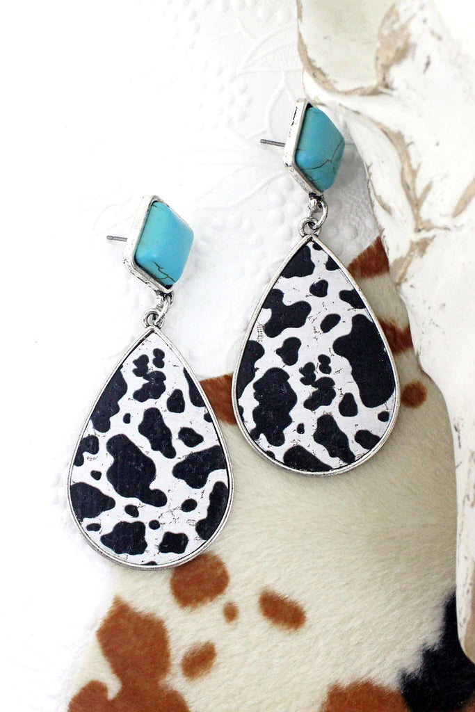 Turquoise Stone Black Cow Teardrop Earrings
