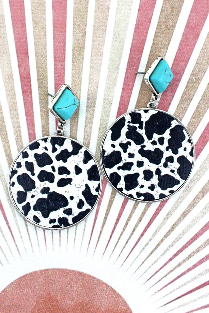 Turquoise Stone Black Cow Disk Earrings