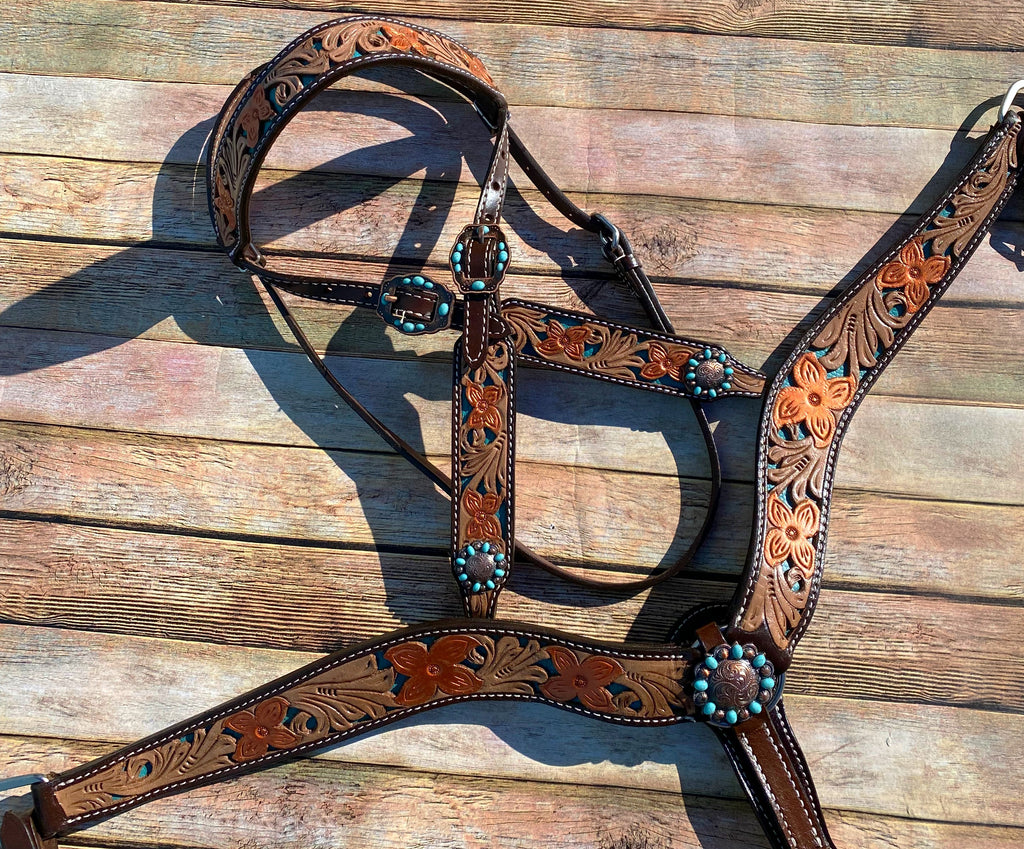 Floral Tooled with Turquoise Underlay Tack Set