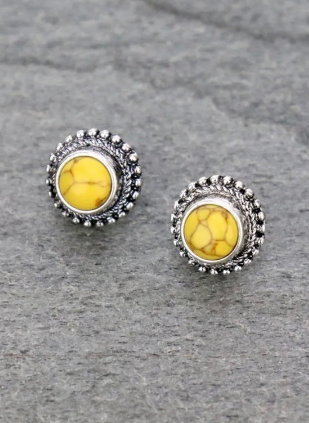 Round Yellow Stone Stud Earrings