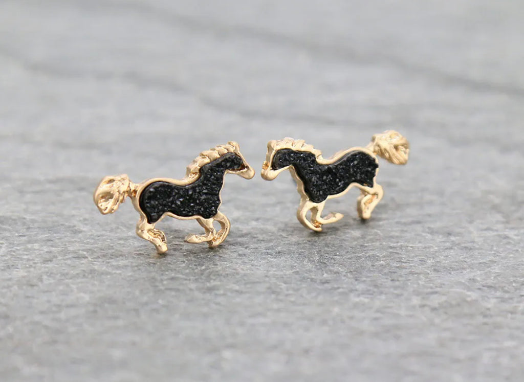 Running Horse Black Druzy Stone Stud Earrings