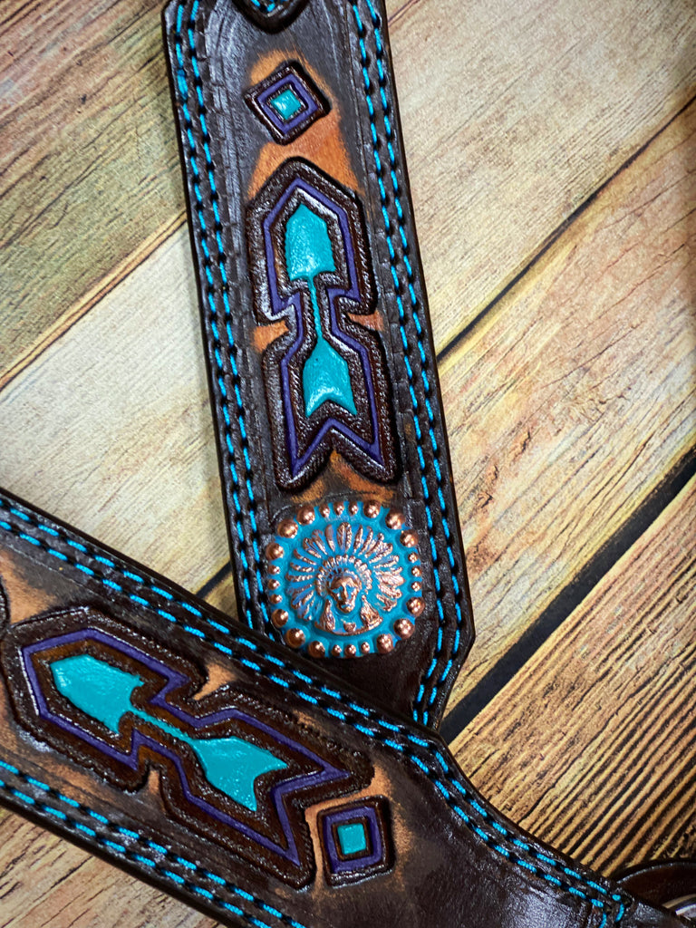 Double J Turquoise and Purple Southwest Arrow Headstall