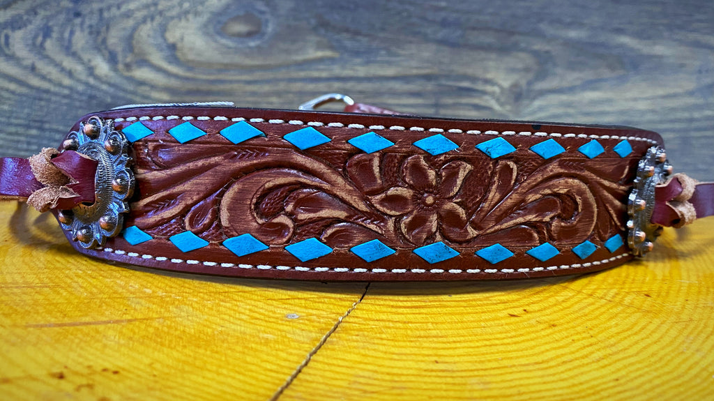Tooled Wither Strap with Turquoise Buckstitching