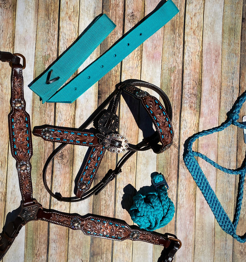 Complete Tooled Tack Set with Turquoise Buckstitch