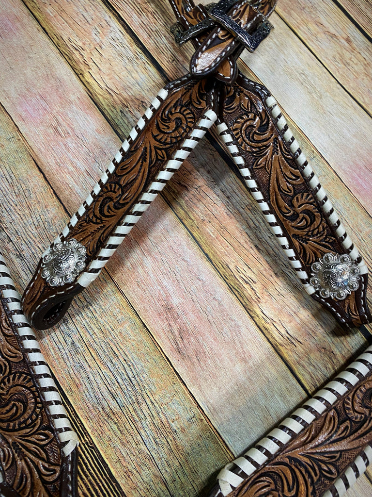 Two Tone Tooled with Whip Stitch Tack Set