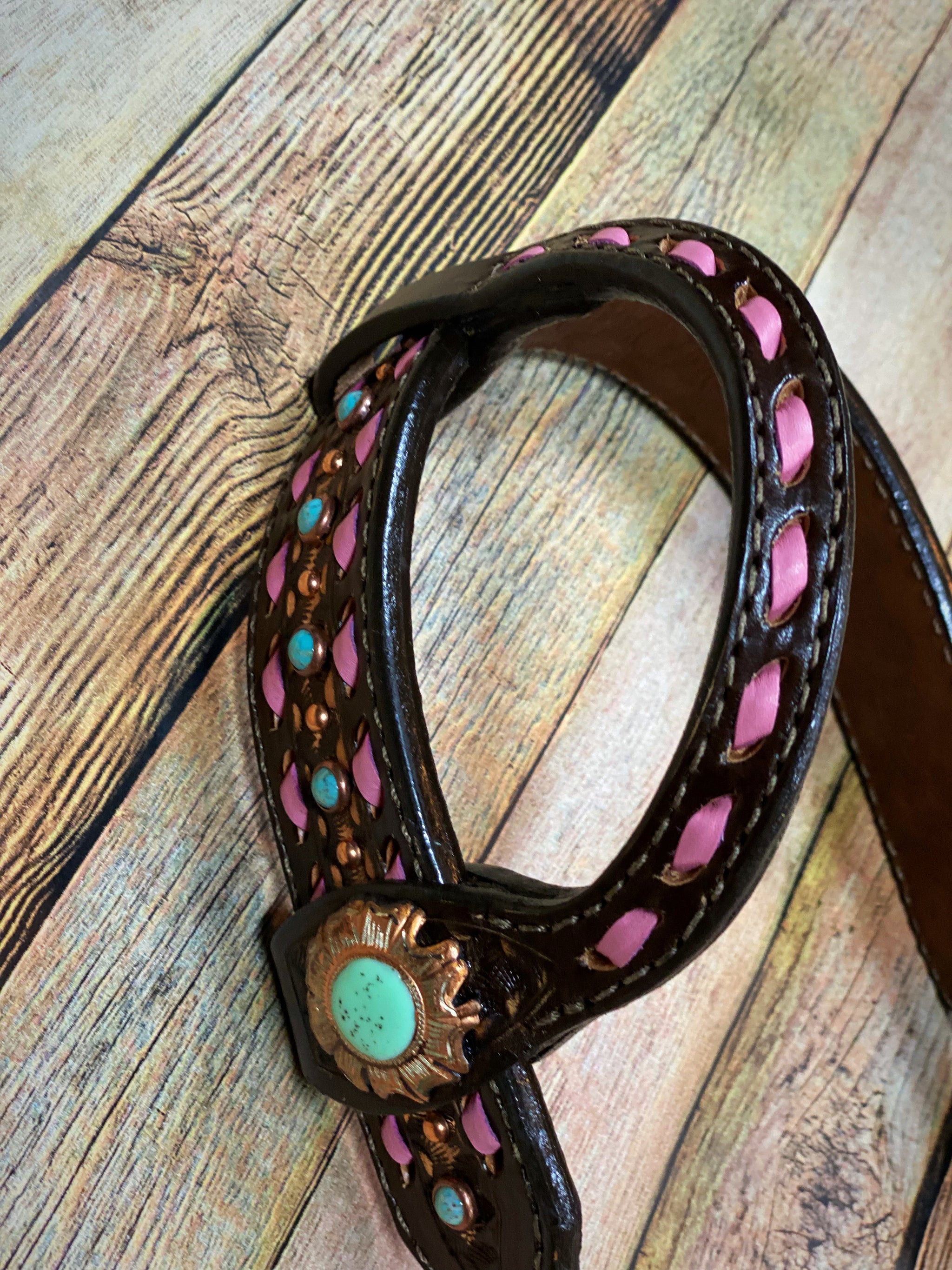 Western Leather Headstall, The Gum Drop Headstall, medium discount oil leather, pink conchos, pink glitter rosettes, bling headstall