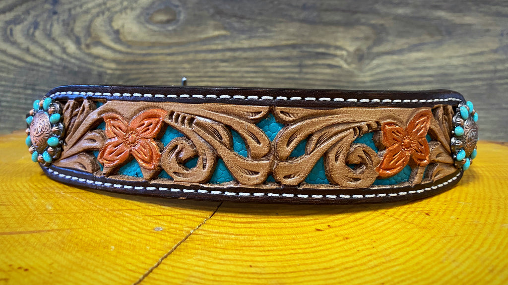 Floral Tooled with Teal Inlay Wither Strap