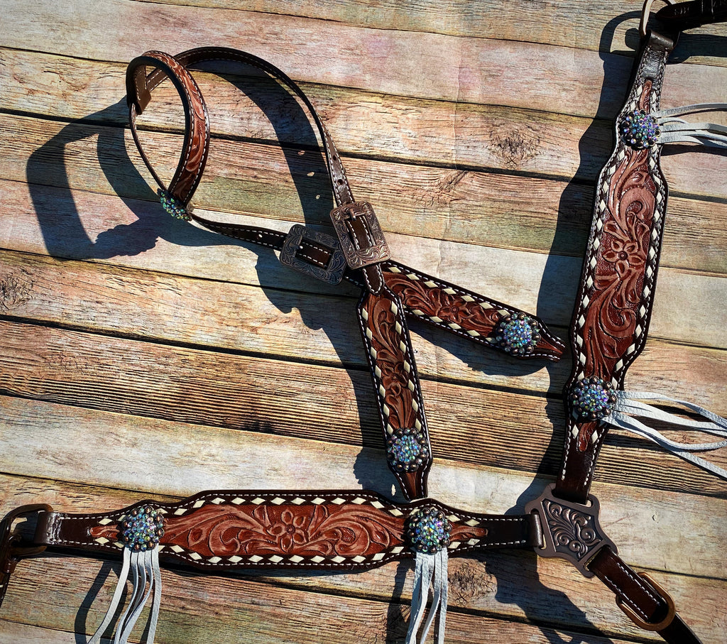 Tooled Tack Set with Lacing and Fringe Accents