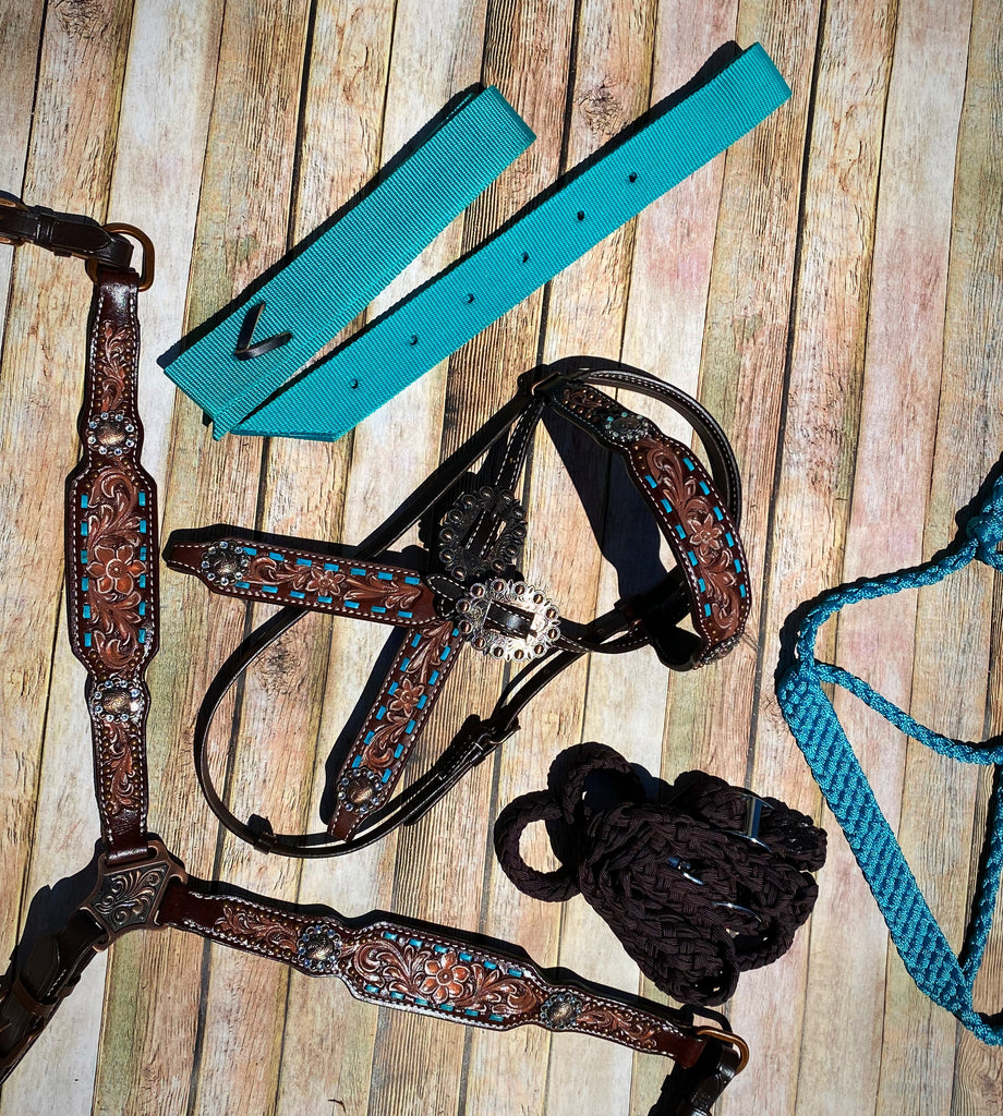 Complete Tooled Tack Set with Turquoise Buckstitch