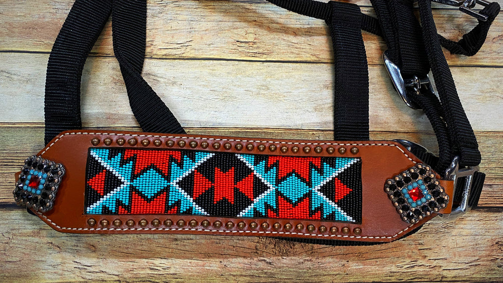 Red and Turquoise Aztec Beaded Bronc Halter