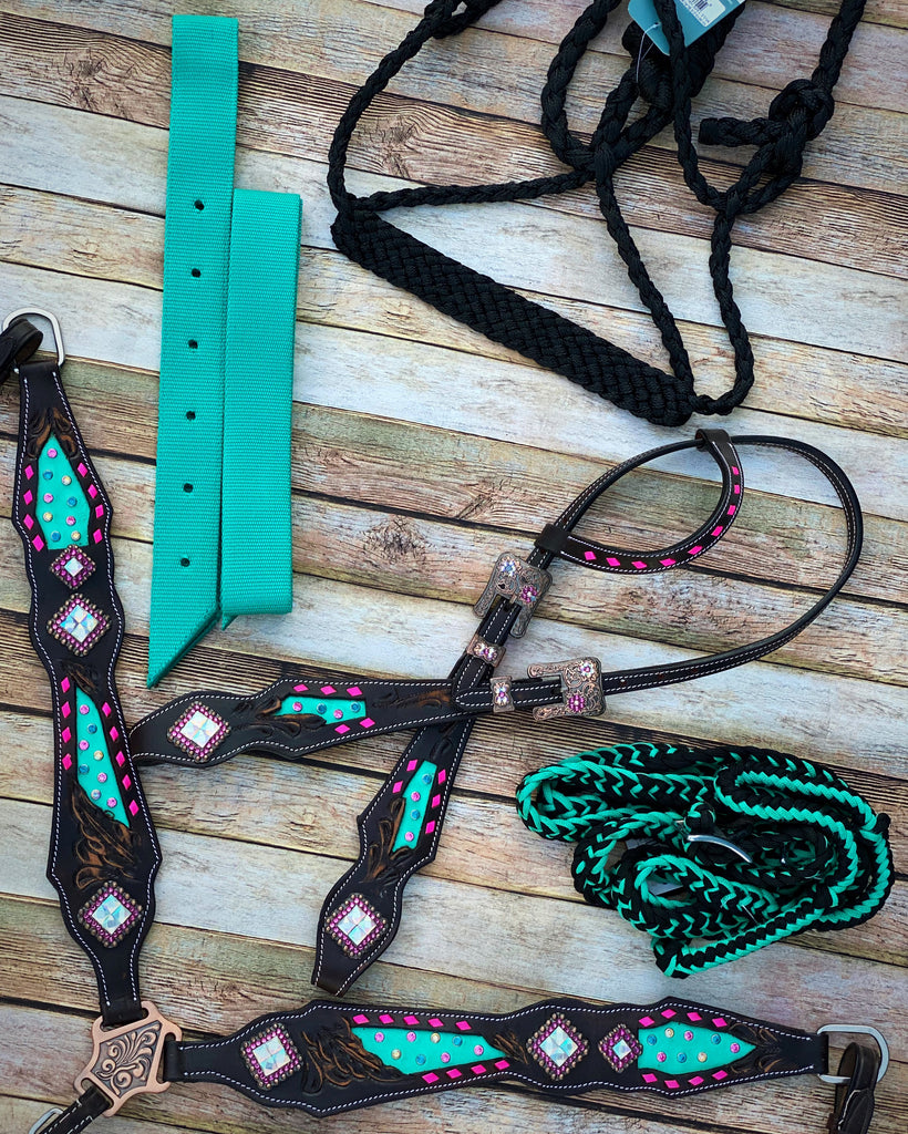 Complete Turquoise with Pink Buckstitch Tack Set