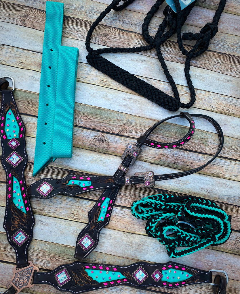 Complete Turquoise with Pink Buckstitch Tack Set