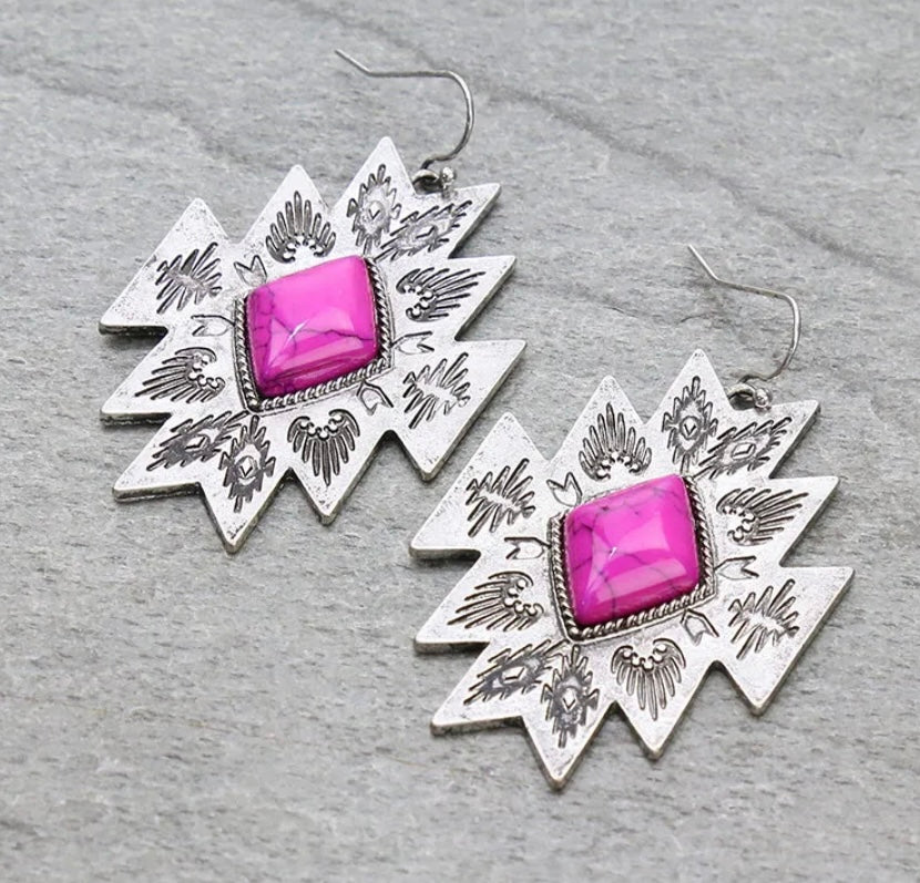 Pink Stone Aztec Earrings