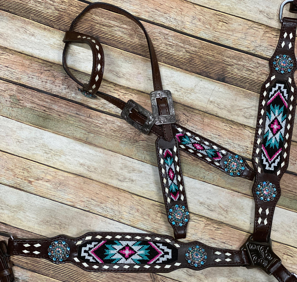 Pink and Teal Beaded Tack Set