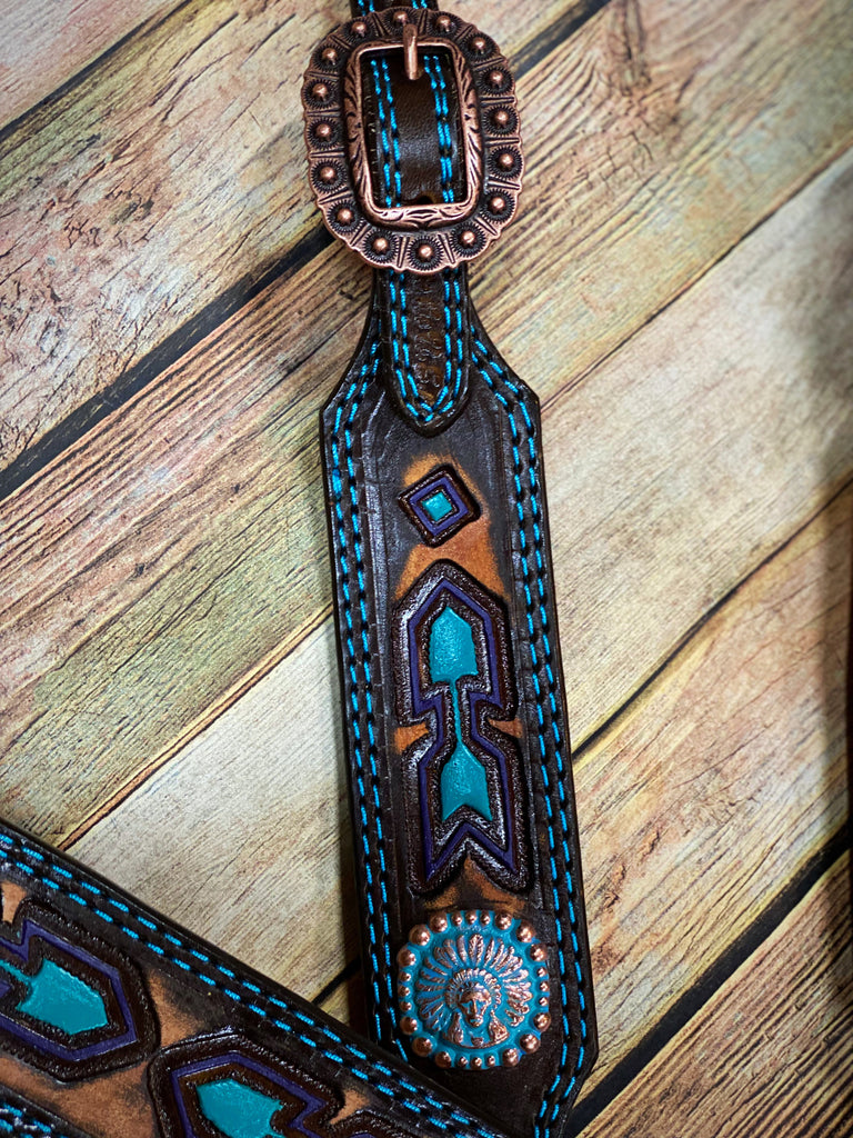 Double J Turquoise and Purple Southwest Arrow Headstall