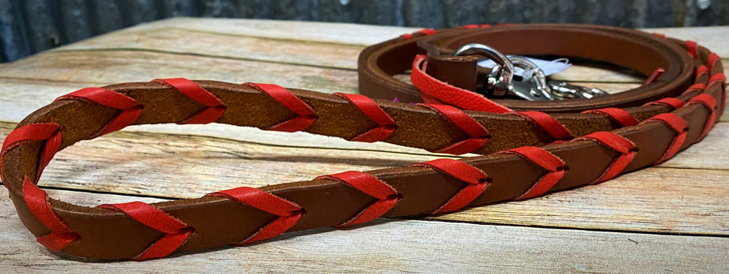 Leather Barrel Rein with Red Lacing