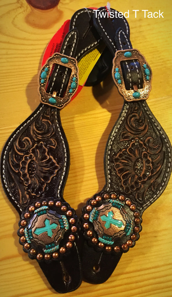 Tooled Ladies Spur Straps with Turquoise Cross Conchos