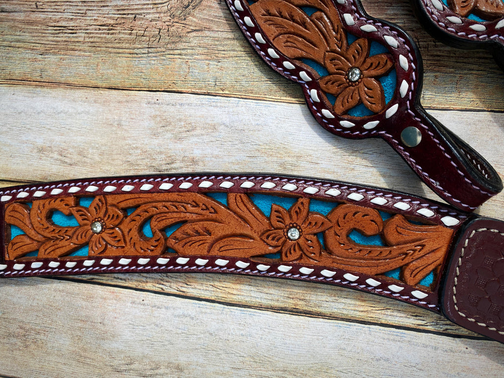 Floral Tooled Tack Set with Teal Inlay