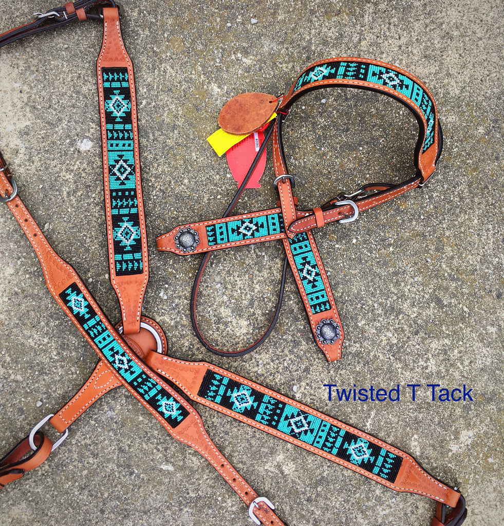 Turquoise and Black Aztec Beaded Tack Set